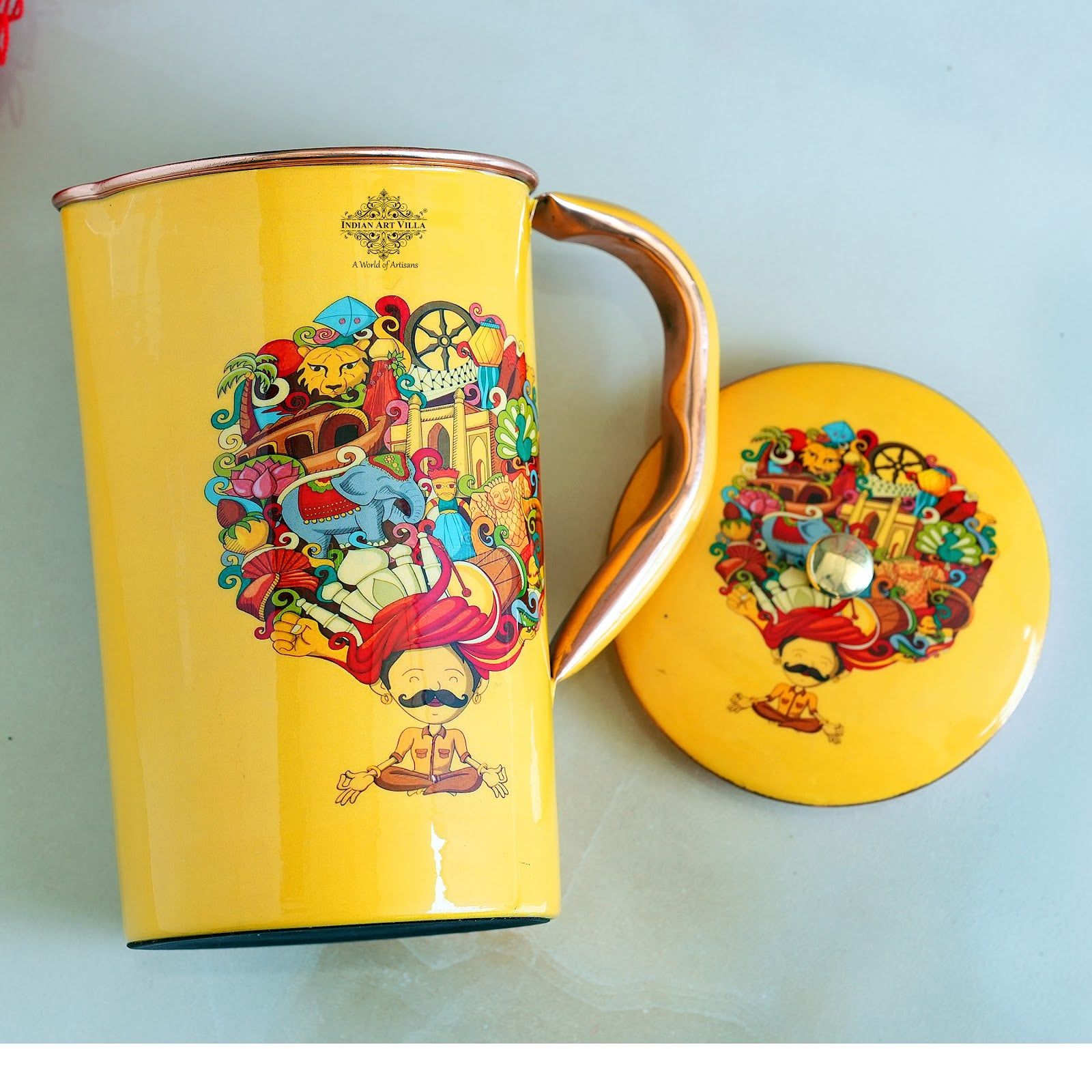 Pure copper printed jug padharo mhare desh design rajasthan pagdi art, 2000 ML
